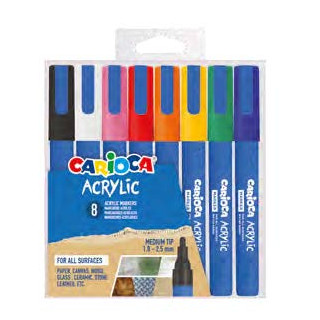 Carioca Acrylic Pack de 8 Marcadores de Pintura Acrilica - Punta Redonda Media 1.8-2.5mm - Tinta a Base de Agua - Alta Cobertur