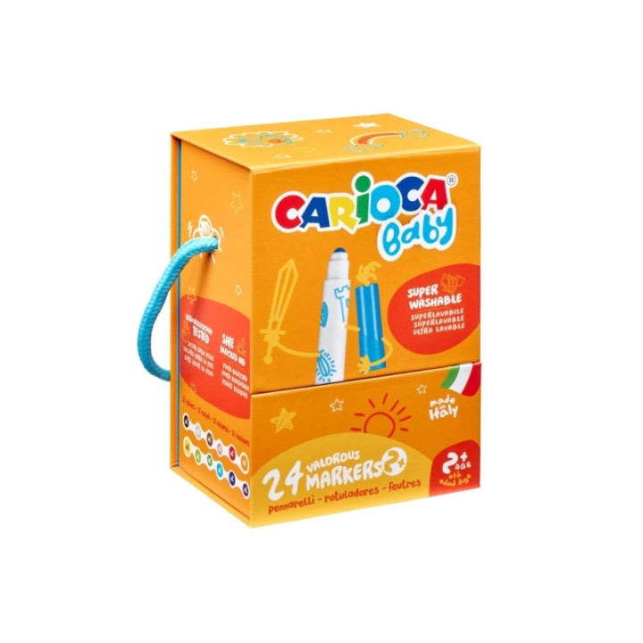 Carioca Baby Caja Rigida con 24 Rotuladores - Punta Redonda y Bloqueada para la Maxima Seguridad - Superlavables - Dermatologic