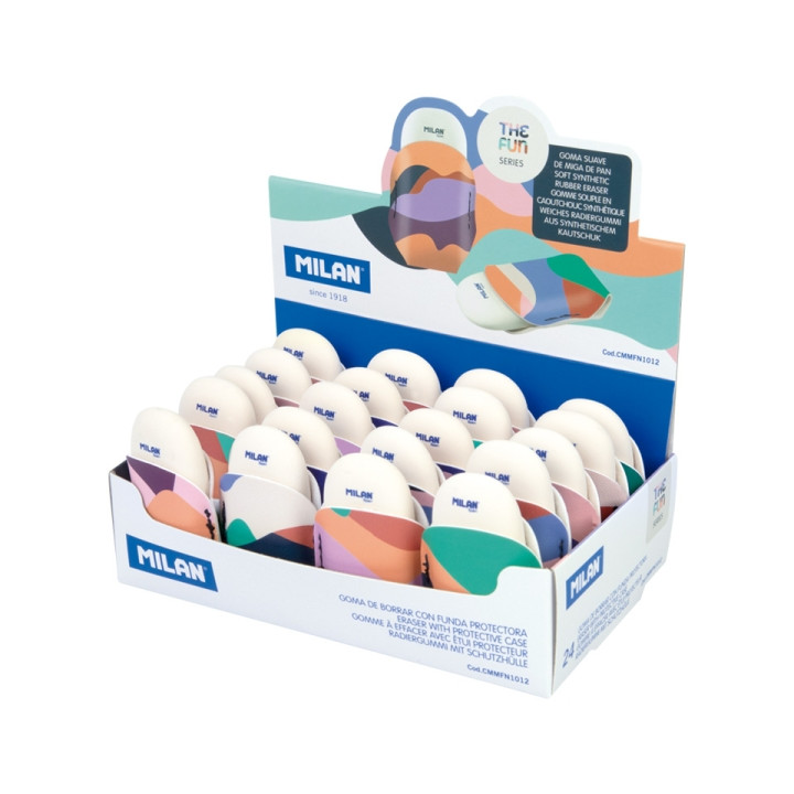 Milan The Fun 1012 Expositor con 24 Gomas de Borrar con Funda - Miga de Pan - Caucho Sintetico - Ovaladas - Colores Surtidos