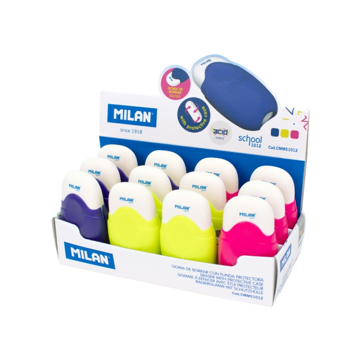 Milan School Expositor con 12 Gomas con Funda Protectora - Miga de Pan - Caucho Sintetico - Colores Surtidos