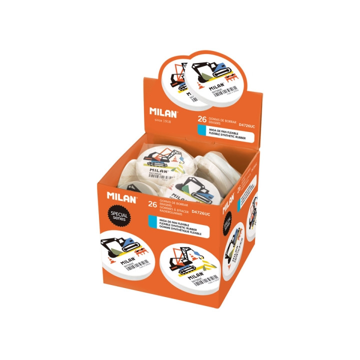 Milan Special Expositor con 26 Gomas de Borrar Redondas - Miga de Pan - Caucho Sintetico - Flexible - Color Blanco
