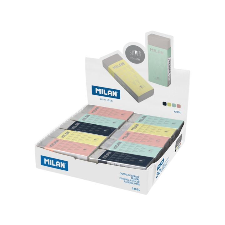 Milan Nata 320 Silver Expositor con 20 Gomas de Borrar - Color Plata