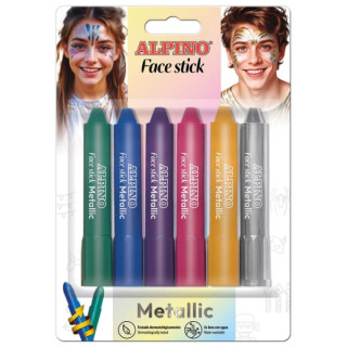 Alpino Fiesta Face Stick Metallic Pack con 6 Barritas de Pintura Facial - Sistema Retractil Giratorio - Se Lava con Agua - Test