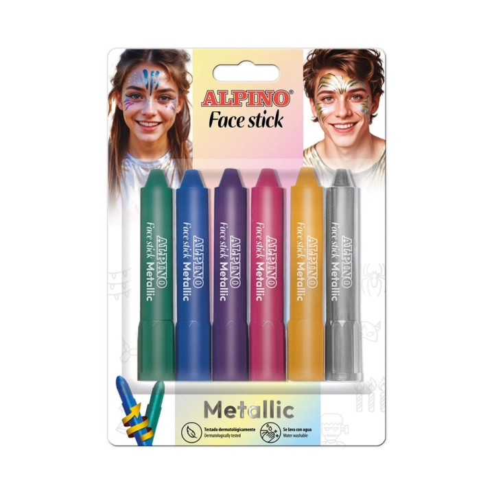 Alpino Fiesta Face Stick Metallic Pack con 6 Barritas de Pintura Facial - Sistema Retractil Giratorio - Se Lava con Agua - Test
