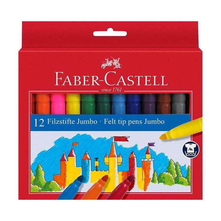 Faber-Castell Jumbo Pack de 12 Rotuladores Punta Gruesa - Tinta con Base de Agua Lavable - Colores Surtidos