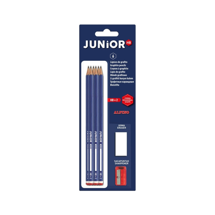 Alpino Junior Blister de 6 Lapices de Grafito HB + Sacapunta + Goma de Borrar - Espacio para el Nombre