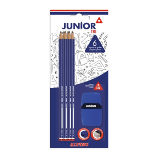 Alpino Junior Tri Blister de 6 Lapices de Grafito HB + Sacapunta con Goma de Borrar - Espacio para el Nombre