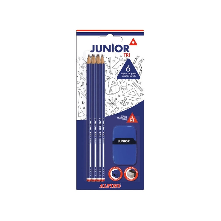 Alpino Junior Tri Blister de 6 Lapices de Grafito HB + Sacapunta con Goma de Borrar - Espacio para el Nombre