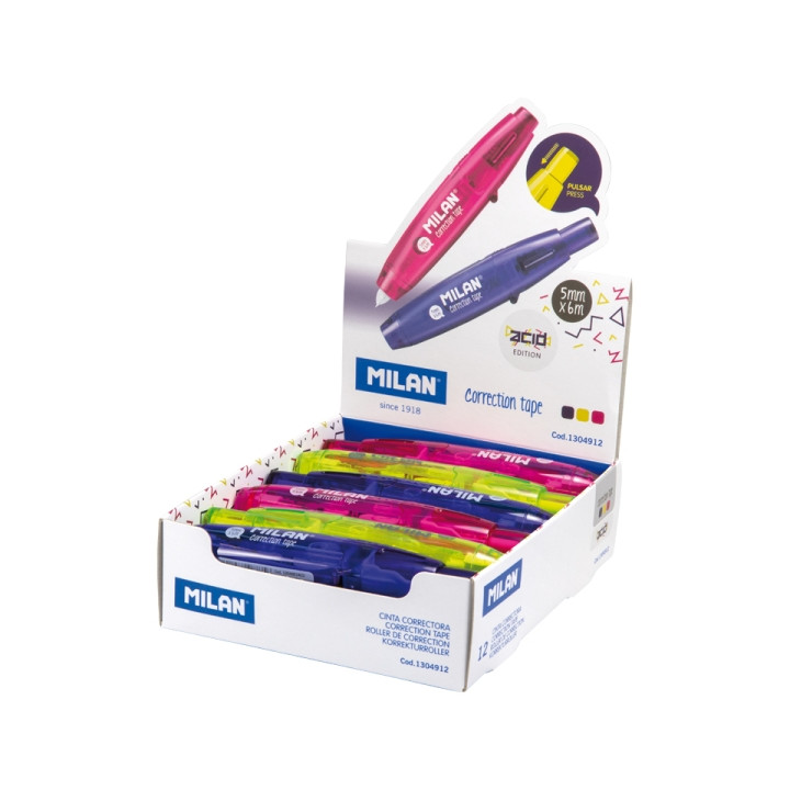 Milan Acid Expositor con 12 Cintas Correctoras con Pulsador - 5mm x 6m - Colores Surtidos