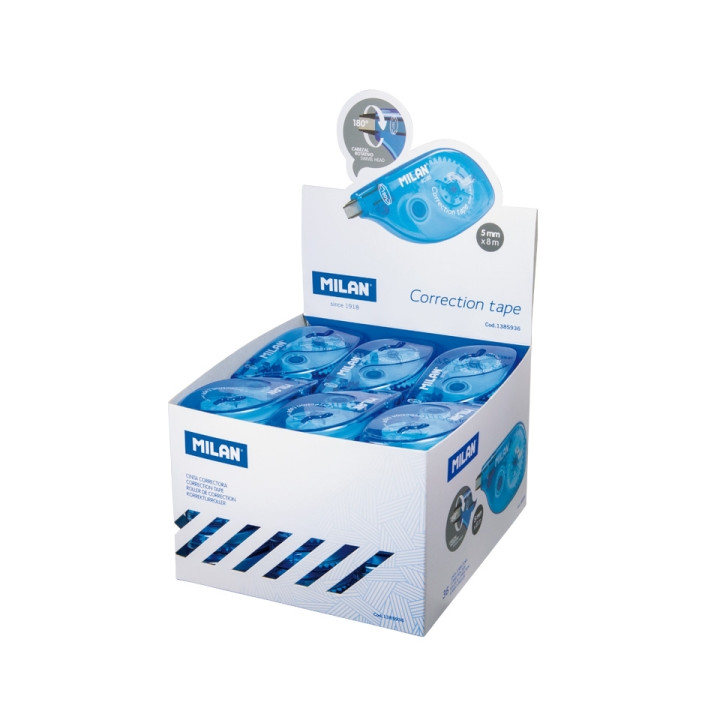 Milan Expositor con 36 Cintas Correctoras - 5mm x 8m - Color Azul
