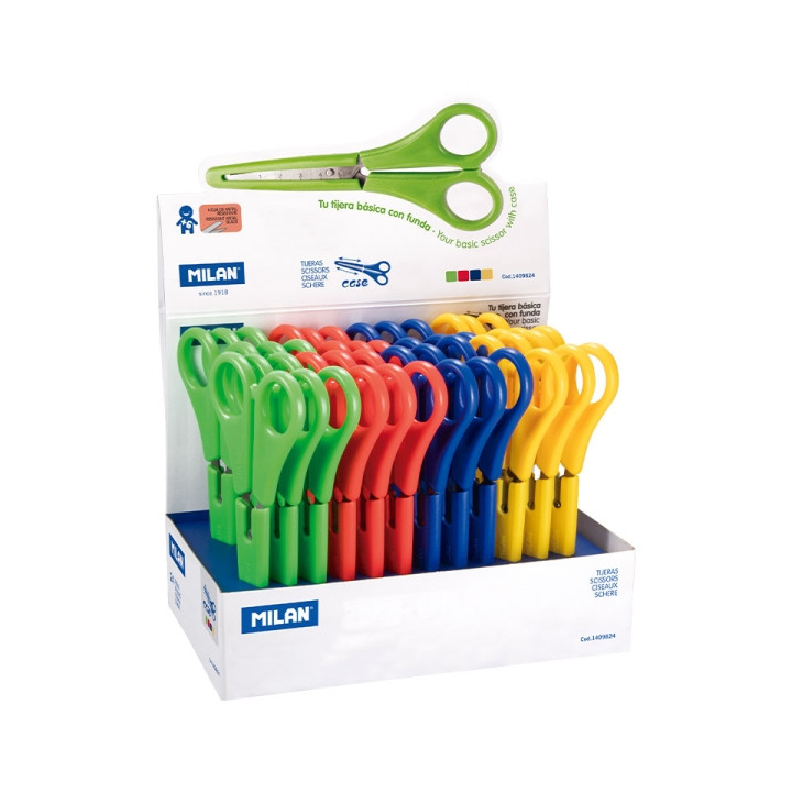 Milan Expositor con 24 Tijeras con Funda - Regla Integrada de 5cm - Punta Redondeada - Acero Inoxidable de 14.7cm - Colores Sur