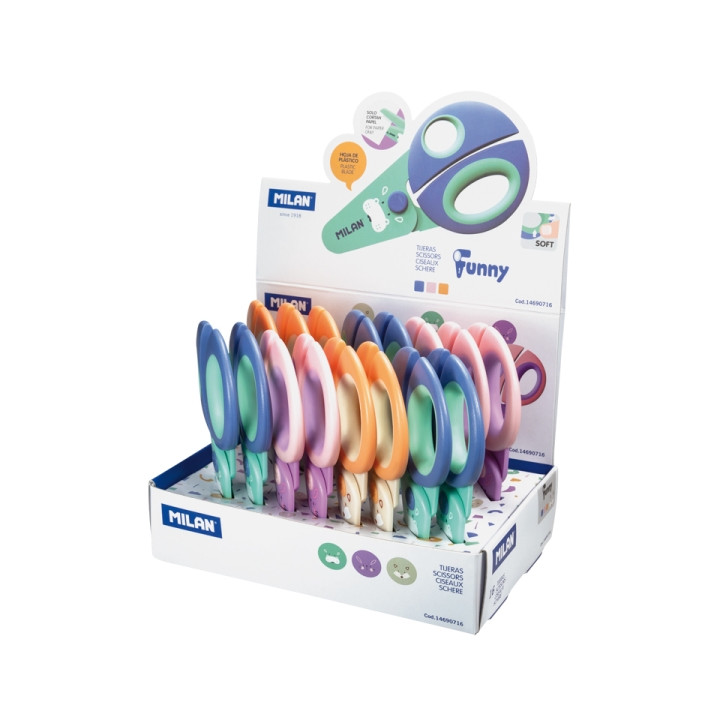 Milan Funny Expositor con 16 Tijeras - Punta Redondeada para Infantil - Hojas de Plastico de Seguridad - Colores Surtidos