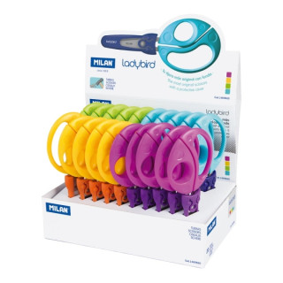 Milan Ladybird Expositor con 20 Tijeras con Funda - Mango Ergonomico - Punta Redondeada - Acero Inoxidable de 15cm - Colores Su