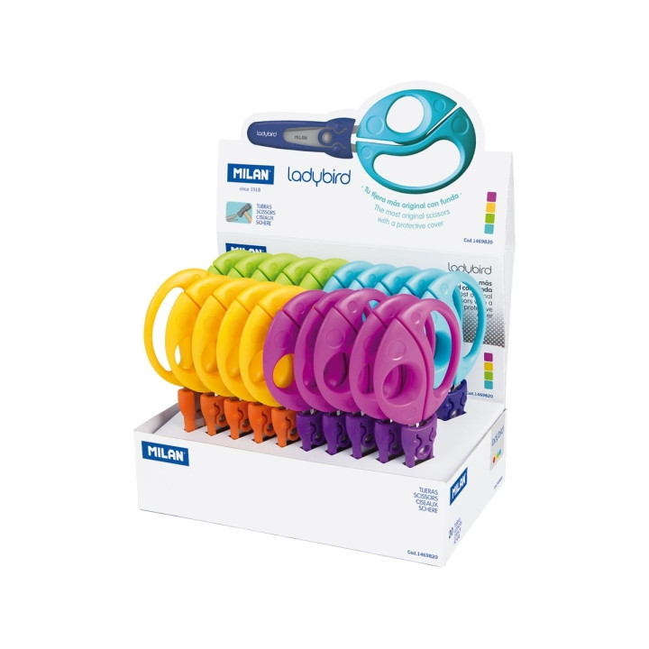 Milan Ladybird Expositor con 20 Tijeras con Funda - Mango Ergonomico - Punta Redondeada - Acero Inoxidable de 15cm - Colores Su