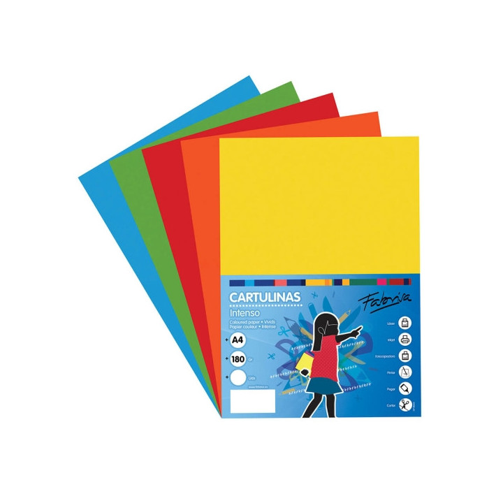 Fabrisa Pack de 50 Cartulinas 180 g/m² - Tamaño A4 - Colores Fuertes Surtidos