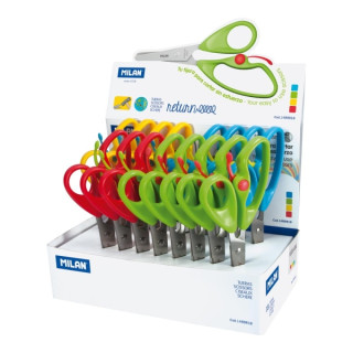 Milan Return Expositor con 18 Tijeras Return - Mango Ergonomico - Punta Redondeada - Acero Inoxidable de 14.4cm - Colores Surti