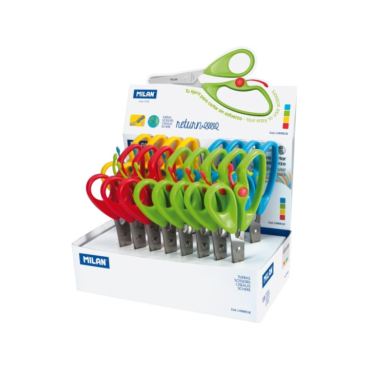 Milan Return Expositor con 18 Tijeras Return - Mango Ergonomico - Punta Redondeada - Acero Inoxidable de 14.4cm - Colores Surti