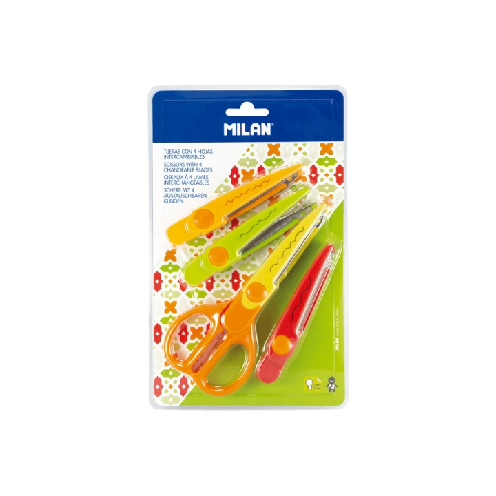Milan Tijeras Zig-Zag con 4 Hojas Intercambiables - Recubierta de Plastico - Diferentes Patrones - Multicolor