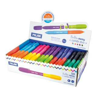 Milan Sway Combi Duo Expositor con 50 Boligrafos de Bola Retractiles - Punta Redonda 1mm - Doble Punta Intercambiable - Colores