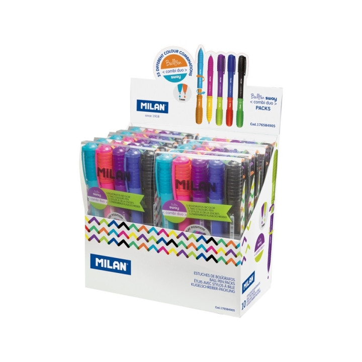 Milan Sway Combi Duo Expositor con 10 Estuches de 5 Boligrafos de Bola Retractiles - Punta Redonda 1mm - Doble Punta Intercambi