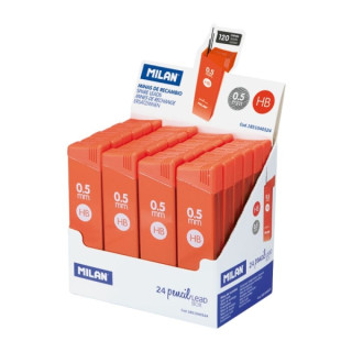 Milan Expositor con 24 Cajas de 120 Minas 0.5mm - Dureza HB - Color Naranja