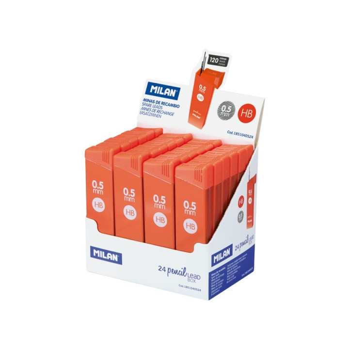 Milan Expositor con 24 Cajas de 120 Minas 0.5mm - Dureza HB - Color Naranja