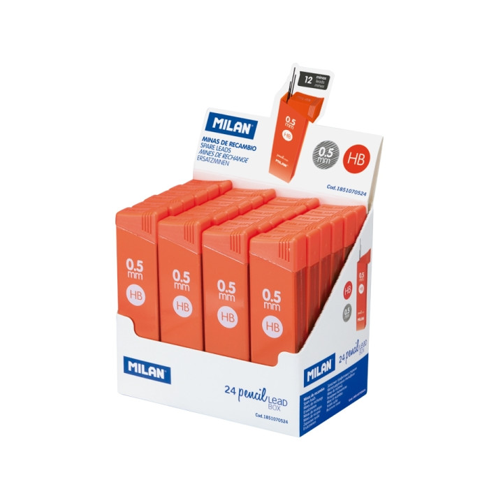 Milan Expositor con 24 Cajas de 12 Minas 0.5mm - Dureza HB - Color Naranja