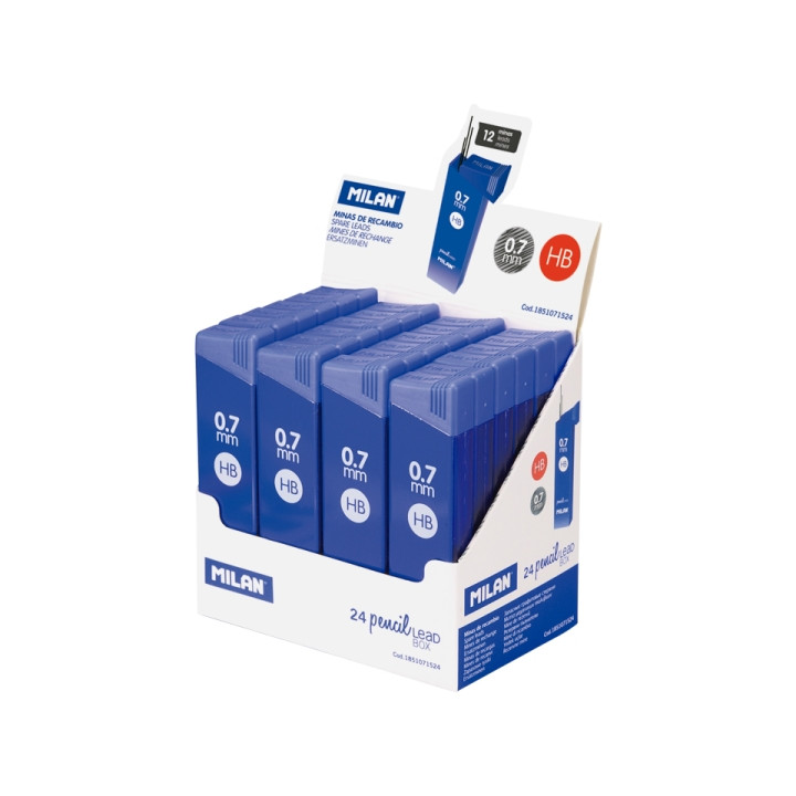 Milan Expositor con 24 Cajas de 12 Minas 0.7mm - Dureza HB - Color Azul