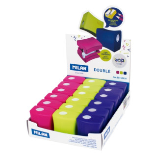 Milan Double Acid Expositor con 18 Sacapuntas - Regular y Maxi - Deposito Integrado - Cuchilla de Acero de Seguridad - Colores