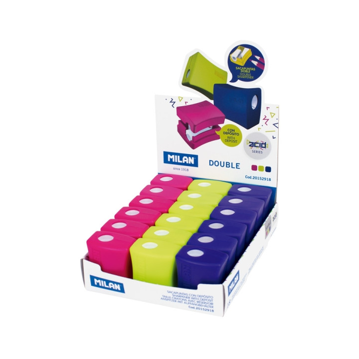Milan Double Acid Expositor con 18 Sacapuntas - Regular y Maxi - Deposito Integrado - Cuchilla de Acero de Seguridad - Colores