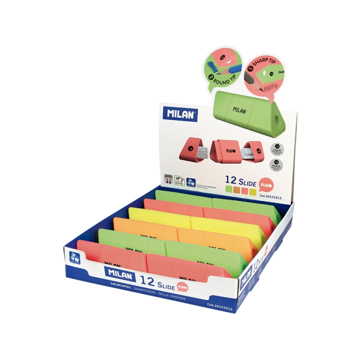 Milan Slide Fluo Expositor con 12 Sacapuntas - Colores Surtidos