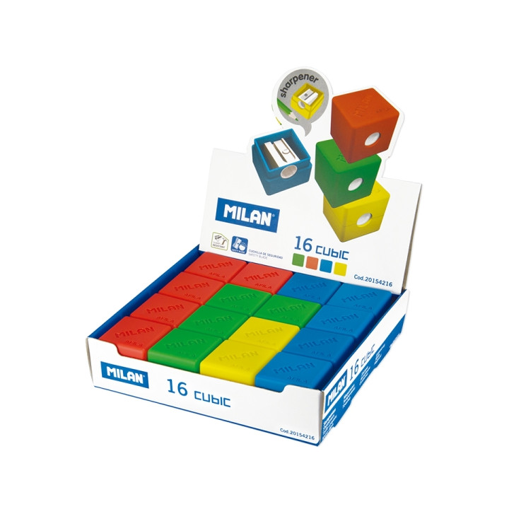 Milan Cubic Expositor con 16 Sacapuntas - Colores Surtidos