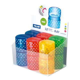 Milan Duet Look Expositor con 12 Sacapuntas Doble - Regular y Maxi - Deposito Integrado - Cuchilla de Acero de Seguridad - Colo