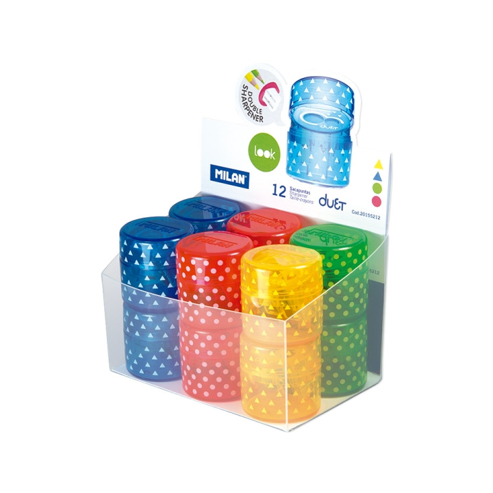 Milan Duet Look Expositor con 12 Sacapuntas Doble - Regular y Maxi - Deposito Integrado - Cuchilla de Acero de Seguridad - Colo