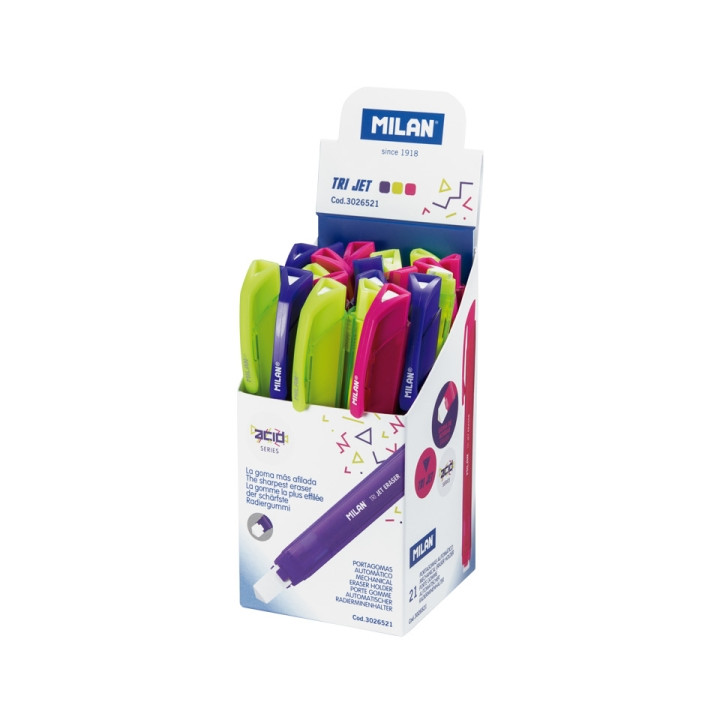 Milan Tri Jet Acid Expositor con 21 Portagomas Automaticos - Triangular - Colores Surtidos