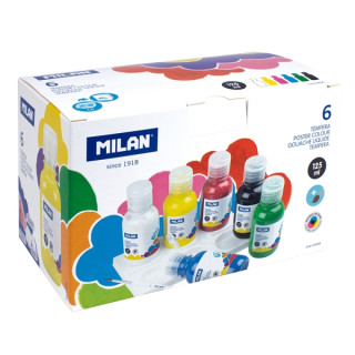 Milan Pack de 6 Botellas de Tempera - 125ml por Unidad - Incluye Pincel - Mezclable - Secado Rapido - Colores Surtidos