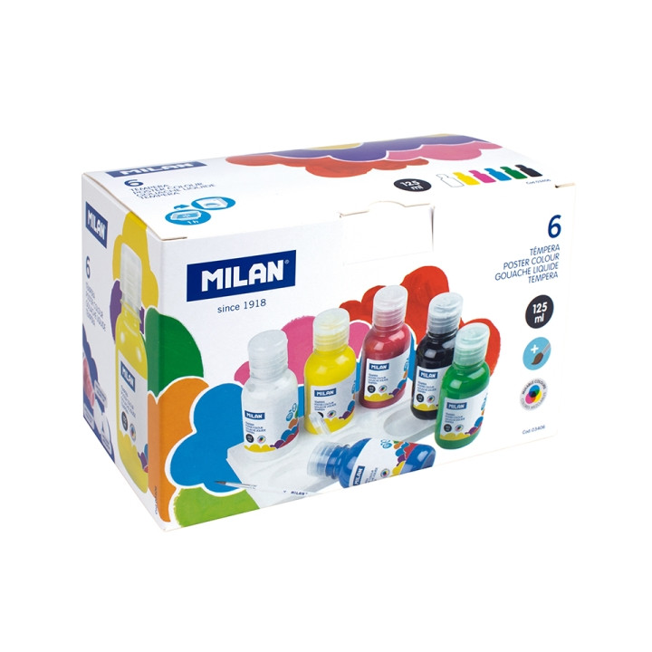 Milan Pack de 6 Botellas de Tempera - 125ml por Unidad - Incluye Pincel - Mezclable - Secado Rapido - Colores Surtidos