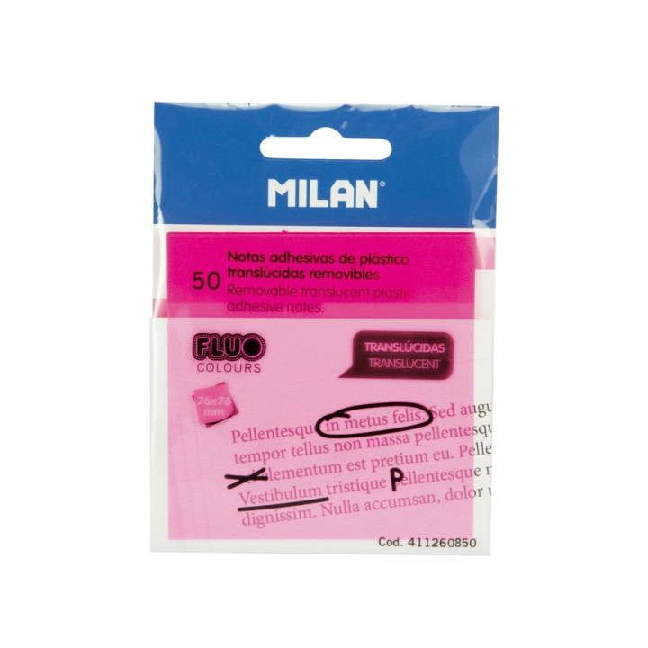 Milan Fluo Pack de 50 Notas Adhesivas - Translucidas - Removibles - 76x76mm - Color Rosa