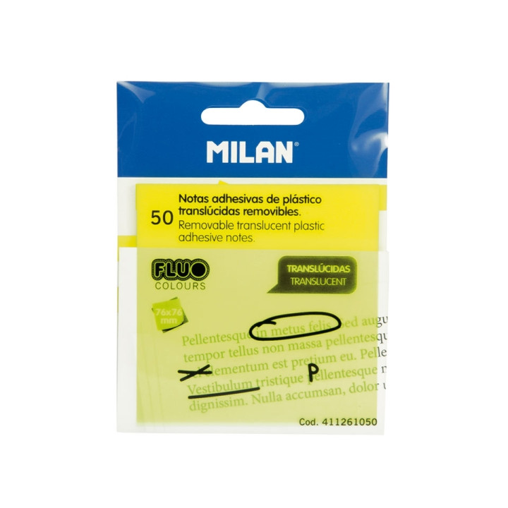Milan Fluo Pack de 50 Notas Adhesivas - Translucidas - Removibles - 76x76mm - Color Amarillo