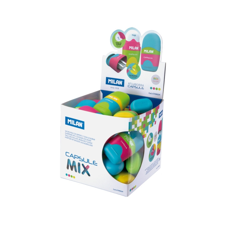 Milan Capsule Mix Expositor con 24 Afilaborras - Goma Miga de Pan - Deposito Integrado - Cuchilla de Acero de Seguridad - Color