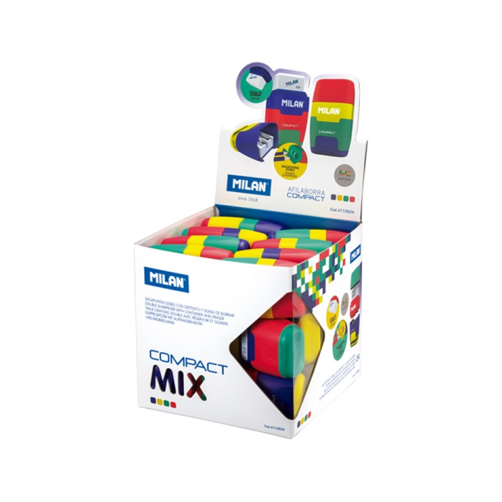 Milan Compact Mix Expositor con 24 Afilaborras - Goma Miga de Pan - Deposito Integrado - Cuchilla de Acero de Seguridad - Color