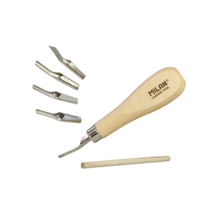 Milan Pack de 5 Gubias para Grabado - Hojas y Puntas Sutridas - Ergonomico - Color Madera Claro