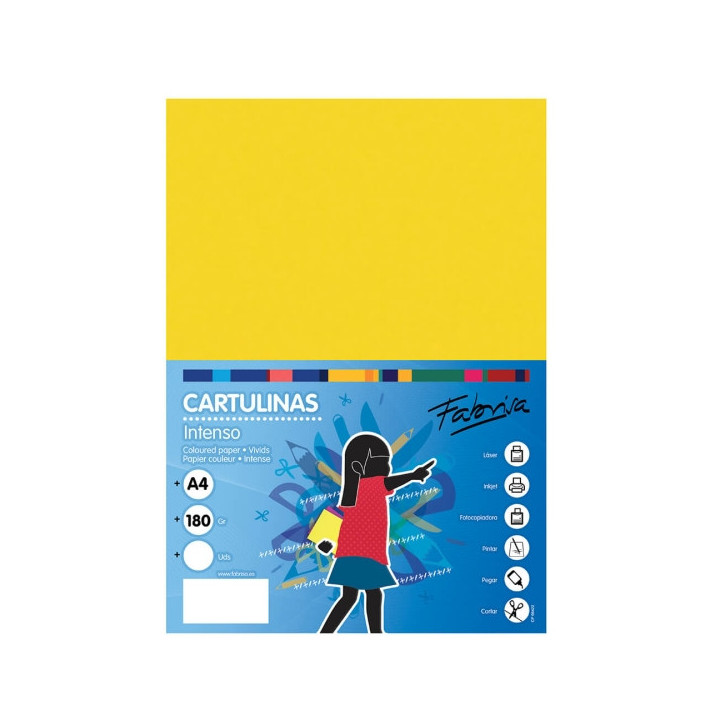 Fabrisa Pack de 50 Cartulinas 180 g/m² - Tamaño A4 - Color Amarillo Fuerte
