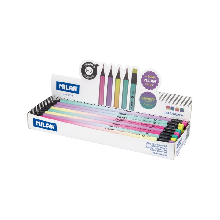 Milan Sunset Expositor con 24 Lapices de Grafito HB - con Goma - Redondos - Colores Surtidos