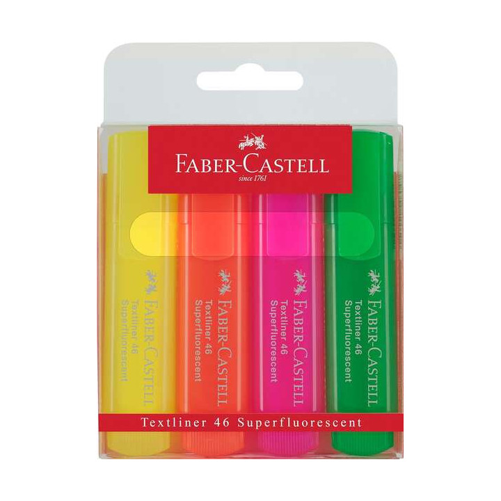 Faber-Castell Textliner 46 Superfluorescente Pack de 4 Marcadores Fluorescentes - Punta Biselada - Trazo entre 1mm y 5mm - Tint