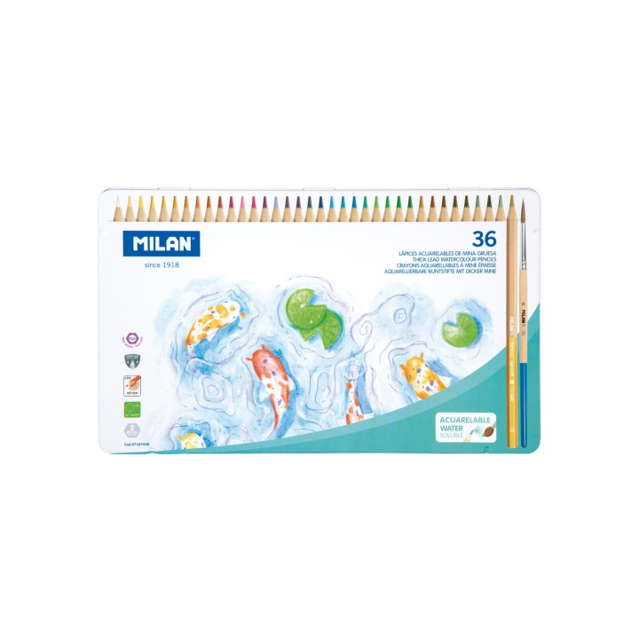 Milan Pack de 36 Lapices de Colores Acuarelables - Caja Metalica - Mina Gruesa - Incluye Pincel - Colores Surtidos