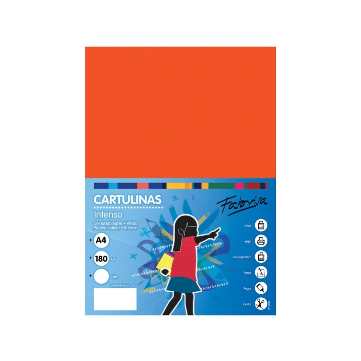 Fabrisa Pack de 50 Cartulinas 180 g/m² - Tamaño A4 - Color Naranja