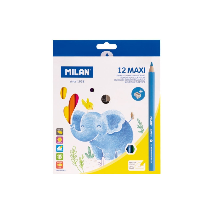 Milan Maxi Pack de 12 Lapices de Colores - Incluye Sacapuntas - Hexagonales - Colores Surtidos