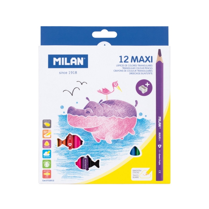 Milan Maxi Pack de 12 Lapices de Colores - Incluye Sacapuntas - Hexagonales - Colores Surtidos