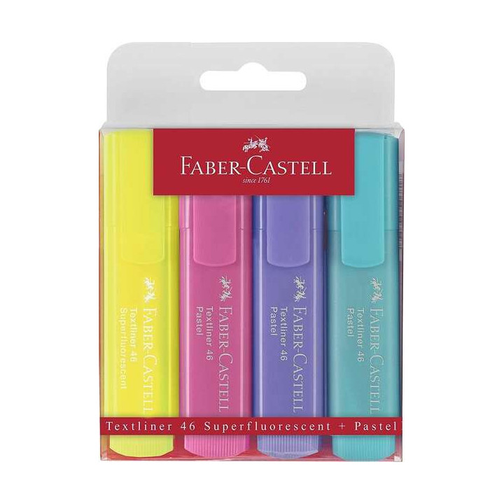 Faber-Castell Textliner 46 Pastel Pack de 4 Marcadores Fluorescentes - Punta Biselada - Trazo entre 1mm y 5mm - Tinta con Base